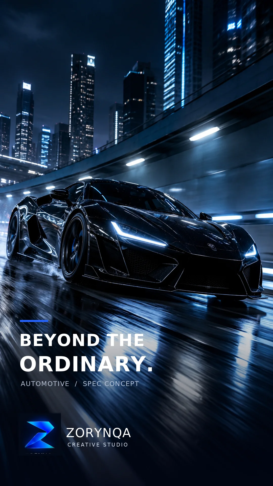 Black concept sports car on a neon-lit wet road at night