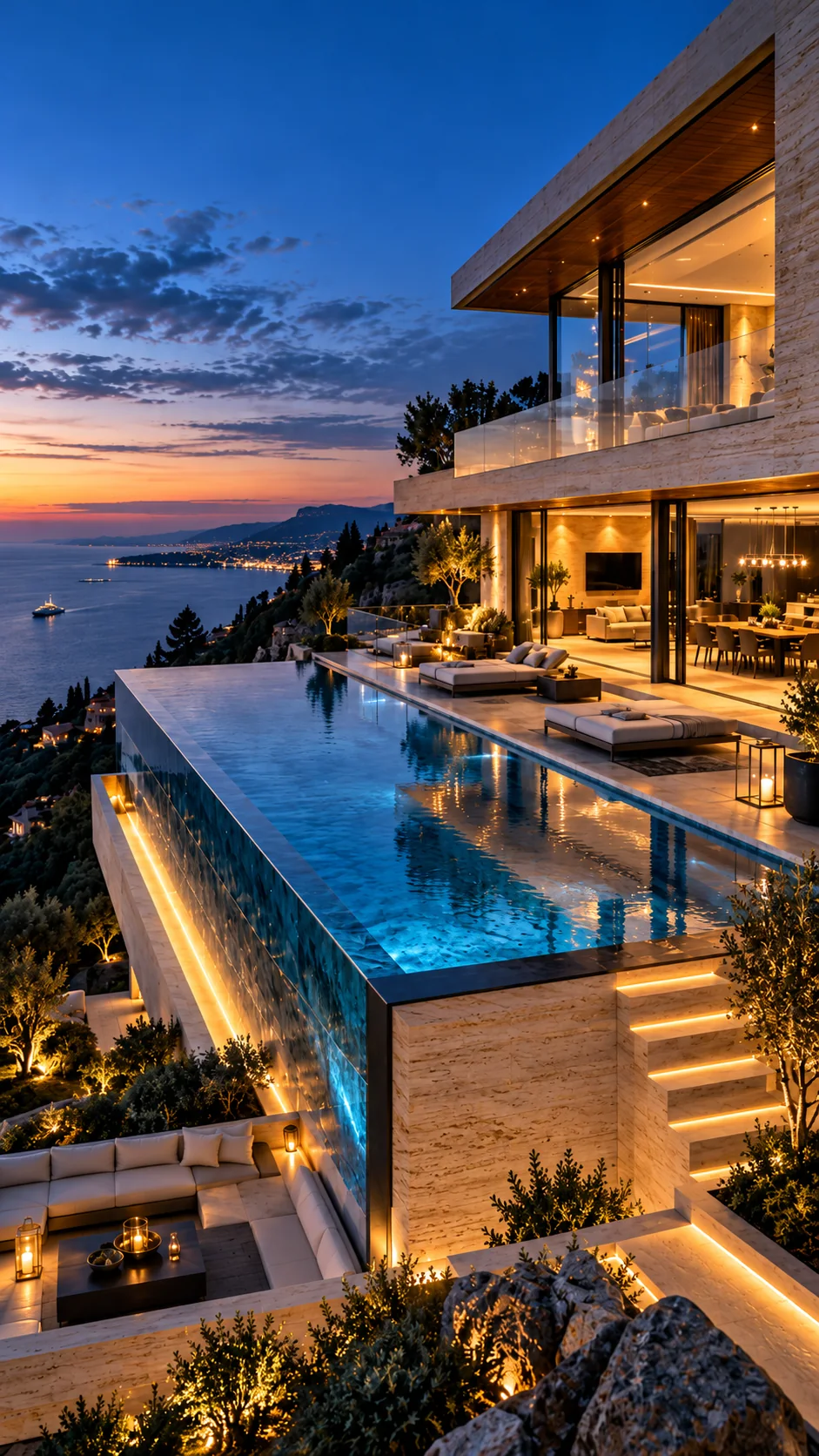 Fictional contemporary cliffside villa with infinity pool illuminated at sunset